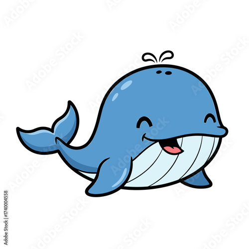 A cheerful cartoon whale smiles and spouts water, swimming happily.