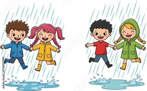 Happy children playing in the rain, kids wearing raincoat and boots, jumping in water puddles, outdoor fun, cartoon illustration