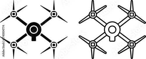 Black and White Drone Icons Top View Isolated On White Background quadcopter aerial vehicle