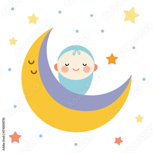 Cute baby sleeping peacefully on moon with stars around in sweet dreamland illustration