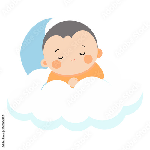 Cute Cartoon Baby Sleeping Peacefully on a Cloud with Moon in the Background Illustration