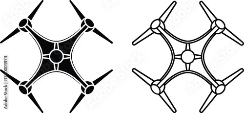 Four Blade Propeller Drone Icons Top View Line Art And Solid Fill quadcopter