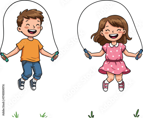 Happy children skipping rope together, boy and girl playing outdoors, fitness activity, exercise, fun childhood, healthy lifestyle, cartoon illustration, jumping