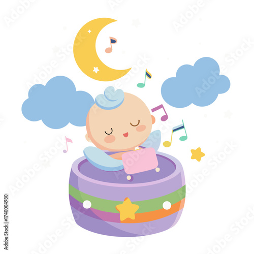 Cute baby sleeping in a music box with moon and stars vector illustration