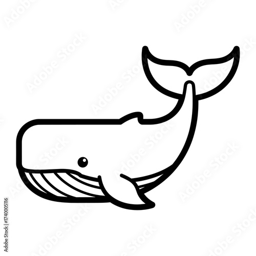 Simple black and white illustration of a cartoon whale, showcasing its body.