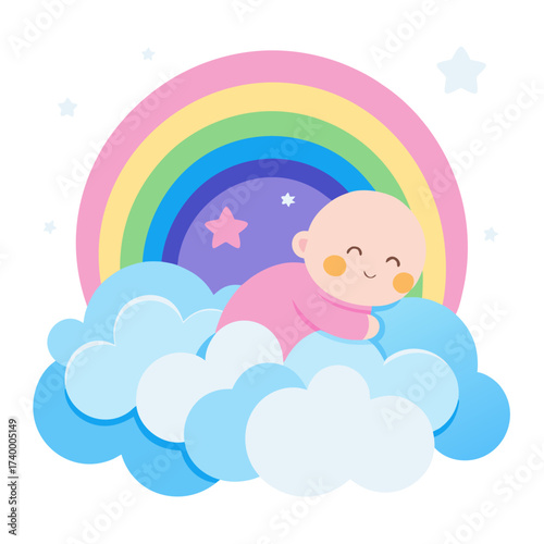 Adorable Cartoon Baby Crawling on Fluffy Clouds with Rainbow Background and Stars Illustration