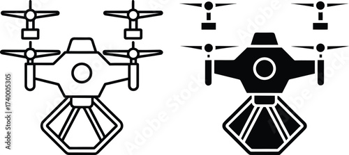 Outline and Solid Black Drone with Hexagonal Camera Mount Icon quadcopter aerial vehicle