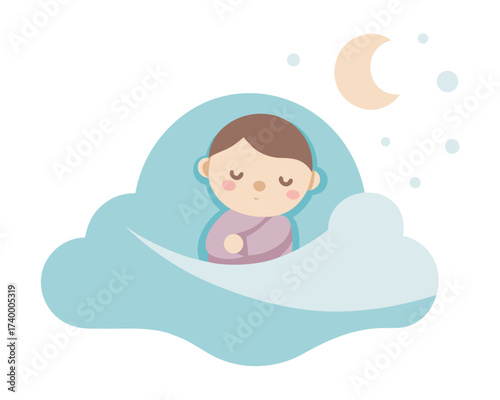 Illustration of a child sleeping peacefully on a cloud beneath a crescent moon ideal for nursery decor