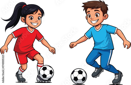 Smiling boy and girl playing soccer, cartoon children in sports uniform, active kids football game, outdoor fun, teamwork, physical activity