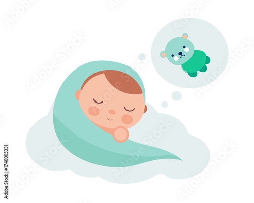 Dreaming of Teddy Bears A Cute Sleeping Baby Illustration Surrounded by Comfort and Sweet Childhood Imaginations
