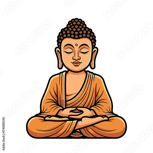 Illustration of a serene Buddha in lotus position, eyes closed, wearing orange robes, against a white background.