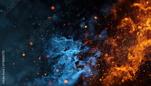 Abstract depiction of fire and ice meeting; blue smoke clashes with orange flames