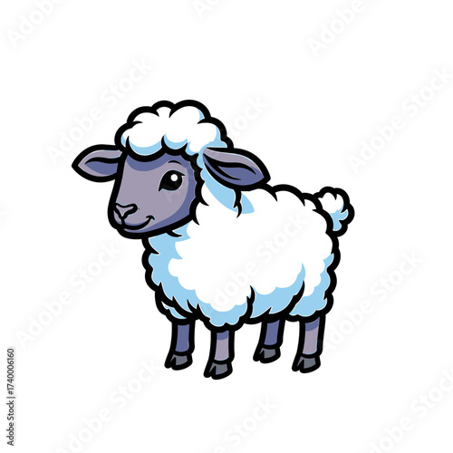 Cartoon illustration of a fluffy white sheep with a grey face and legs, standing on a white background.