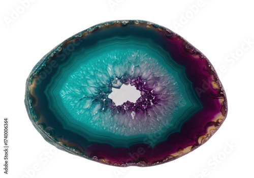 Polished agate slice isolated on transparent background, colorful gemstone with concentric bands