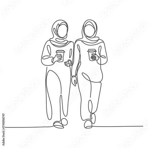 Vector line drawing sketch of two walking young Muslim women, hand drawn illustration.