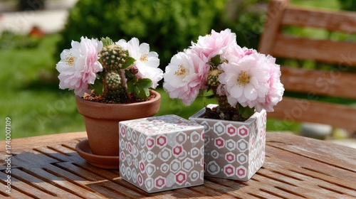 Wallpaper Mural Vibrant indoor plants in stylish white pots arranged on a wooden table, showcasing a lively floral display and earthy decor Torontodigital.ca