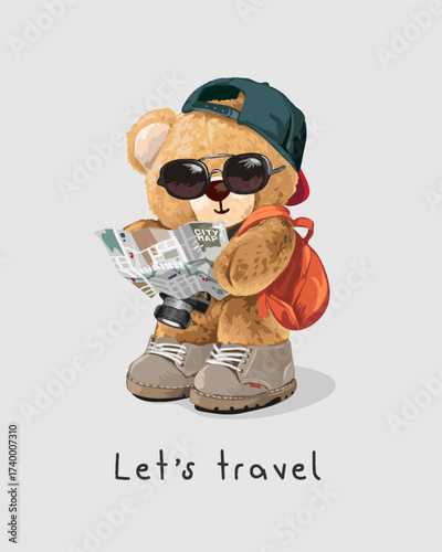 cute bear doll traveler holding map vector illustration - hand drawn