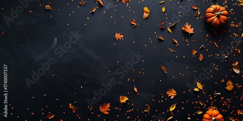 Autumn leaves and pumpkins scattered on black tablecloth, banner with copy space