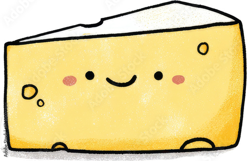 Cute Cartoon Cheese Wedge Smiling Happily on White Background.
