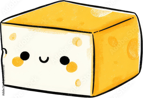Cute Cartoon Cheese Block with Smiling Face and Holes.