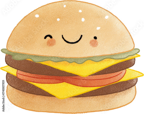 Cute Cartoon Double Cheeseburger with Smiling Face and Delicious Ingredients.