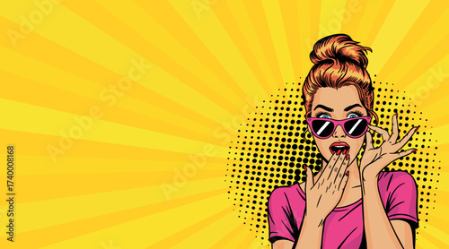 Surprised woman wearing sunglasses. Vector illustration in pop art style.