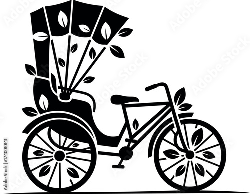 Eco-friendly bicycle rickshaw vector illustration with leaves for sustainable transportation, environmental awareness, tourism, travel, and local culture design.