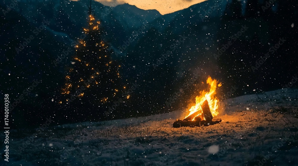 Fototapeta premium Wide-angle 16mm capturing cozy interior with fireplace tree and snowy night outside cabin