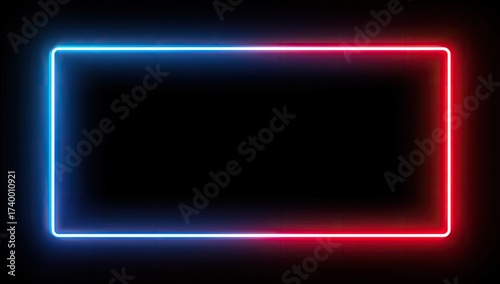 A neon-lit rectangle glowing with blue and red light against a black background
