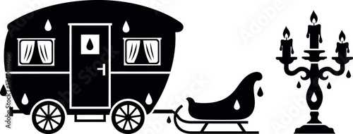 Set of vintage black silhouette icons featuring a gypsy caravan trailer with a small sleigh attached and an ornate candelabra with burning candles, symbolizing fantasy, travel, and tradition.