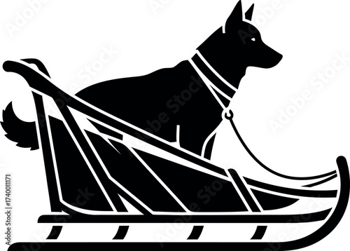 Sled dog or husky sitting on a traditional wooden sled vector silhouette illustration, representing mushing, arctic travel, winter sports, speed, adventure, and northern culture.