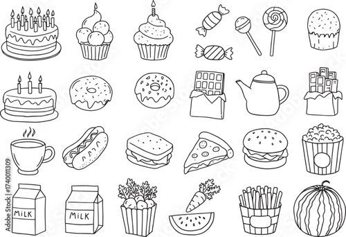 Doodle Hand Drawn Sweets Fast Food Drinks Icons Set Vector Illustration 