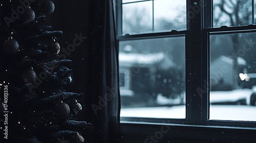 Full-frame 85mm emphasizing festive tree ornaments with blurred snowy outside window