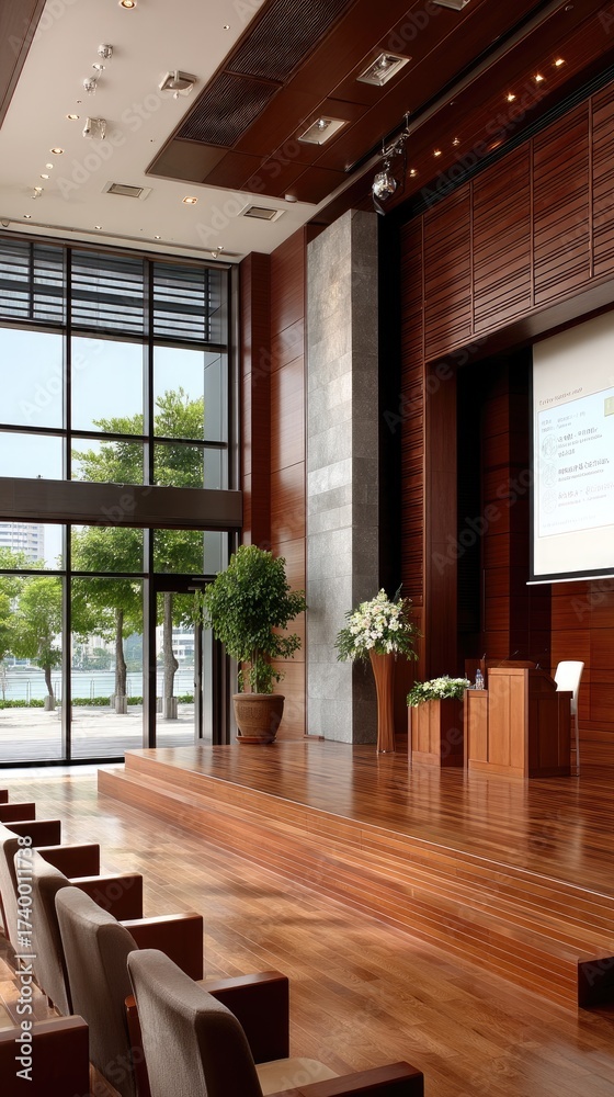 Fototapeta premium Modern conference hall with large windows overlooking greenery, ready for a presentation during daytime at a city venue