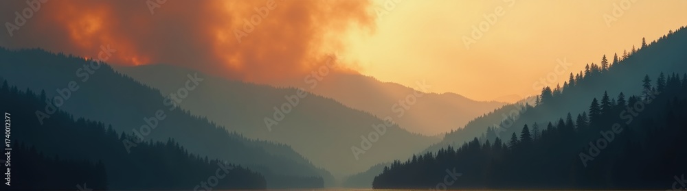Obraz premium Mountain forest covered in heavy smoke with visible fire line
