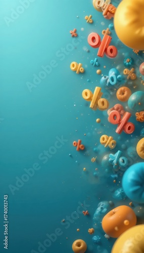 3D rendered percentage signs and colorful abstract shapes floating against a teal background