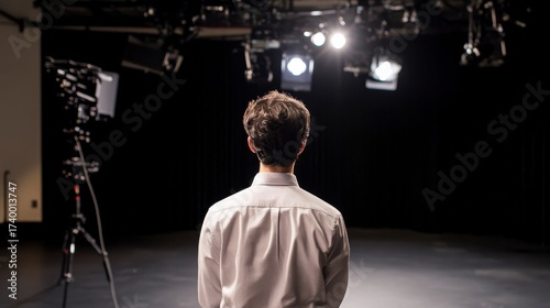 A Person Standing in a Studio with Bright Stage Lights Focusing on a Black Backdrop and Professional Camera Equipment in a Film Production Environment