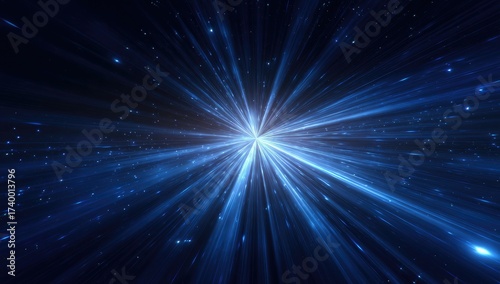 Blue light rays burst outward from a central point, creating a cosmic tunnel effect