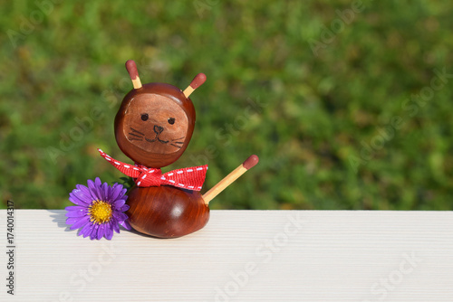 Cute cat made of chestnuts. Autumn time