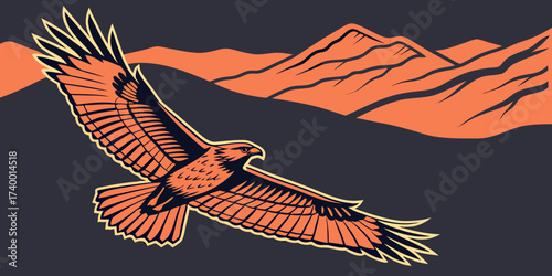 Hawk  in Motion Vector Art mountains beck view dark background.