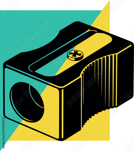 Pencil sharpener vector illustration in duo-tone style, a sharp tool for school, art, and office supplies with a bold graphic black silhouette on a teal and yellow background.
