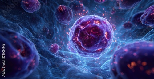 Microscopic view of luminous purple cells amidst a soft, blue, cloud-like backdrop