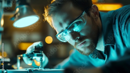 Focused Technician in Protective Eyewear Engaging in Precision Engineering Work with Intricate Tools in a Modern Workspace Environment