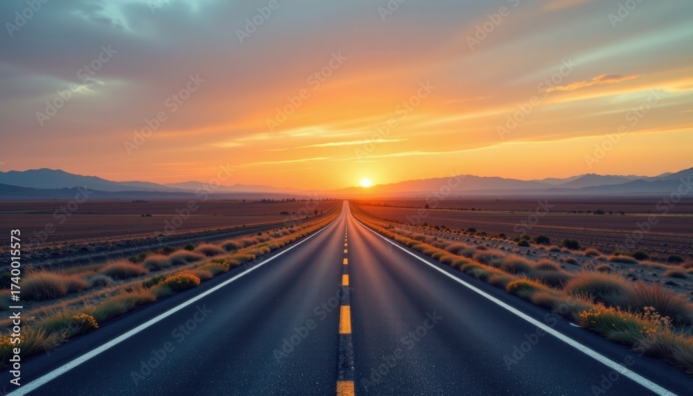 Fototapeta premium Scenic highway extending into the horizon du sunset with vibrant sky, vast landscape, mountain background, and endless road in rural countryside