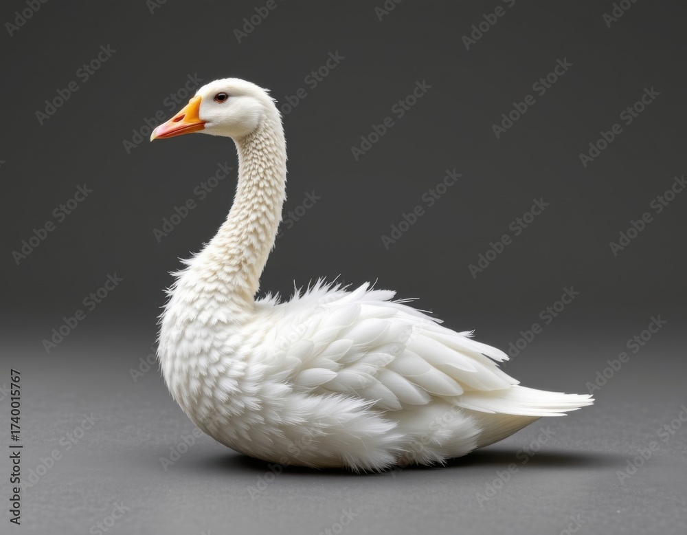Obraz premium Elegant white goose with long neck and fluffy feathers, sitting on a smooth gray surface against a dark background, showcasing beauty and serenity in nature