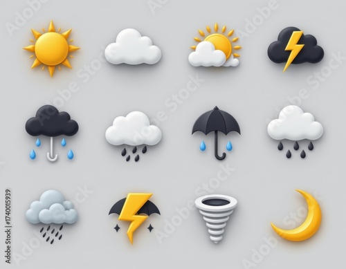 Collection of weather icons illustrating sunny, cloudy, partly cloudy, storm, rain, thunderstorm, umbrella, tornado, and night moon symbols in a minimalistic style