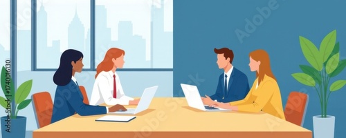 Business meeting with four diverse professionals sitting at a table discussing work strategies in a modern office with city view and indoor plants