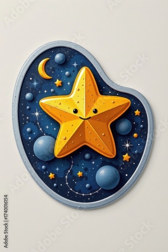 Bright yellow five point star with animated cosmic background featu blue planets moons stars and constellations in a detailed space-themed illustration