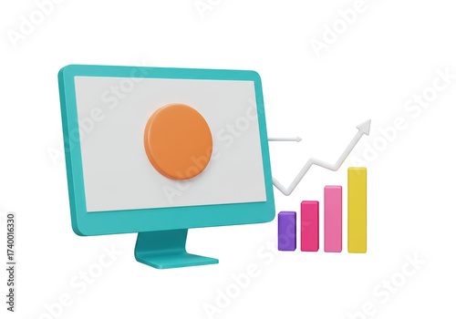 3D rendering of a computer monitor with a chart isolated, business and finance concept PNG