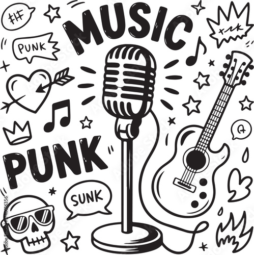 Hand drawn music icons with musical notes and instruments